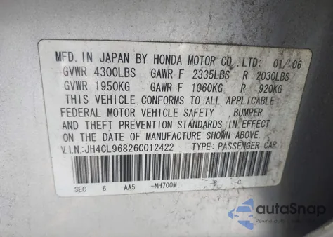 2006 Acura Tsx from USA, damaged, VIN JH4CL96826C012422